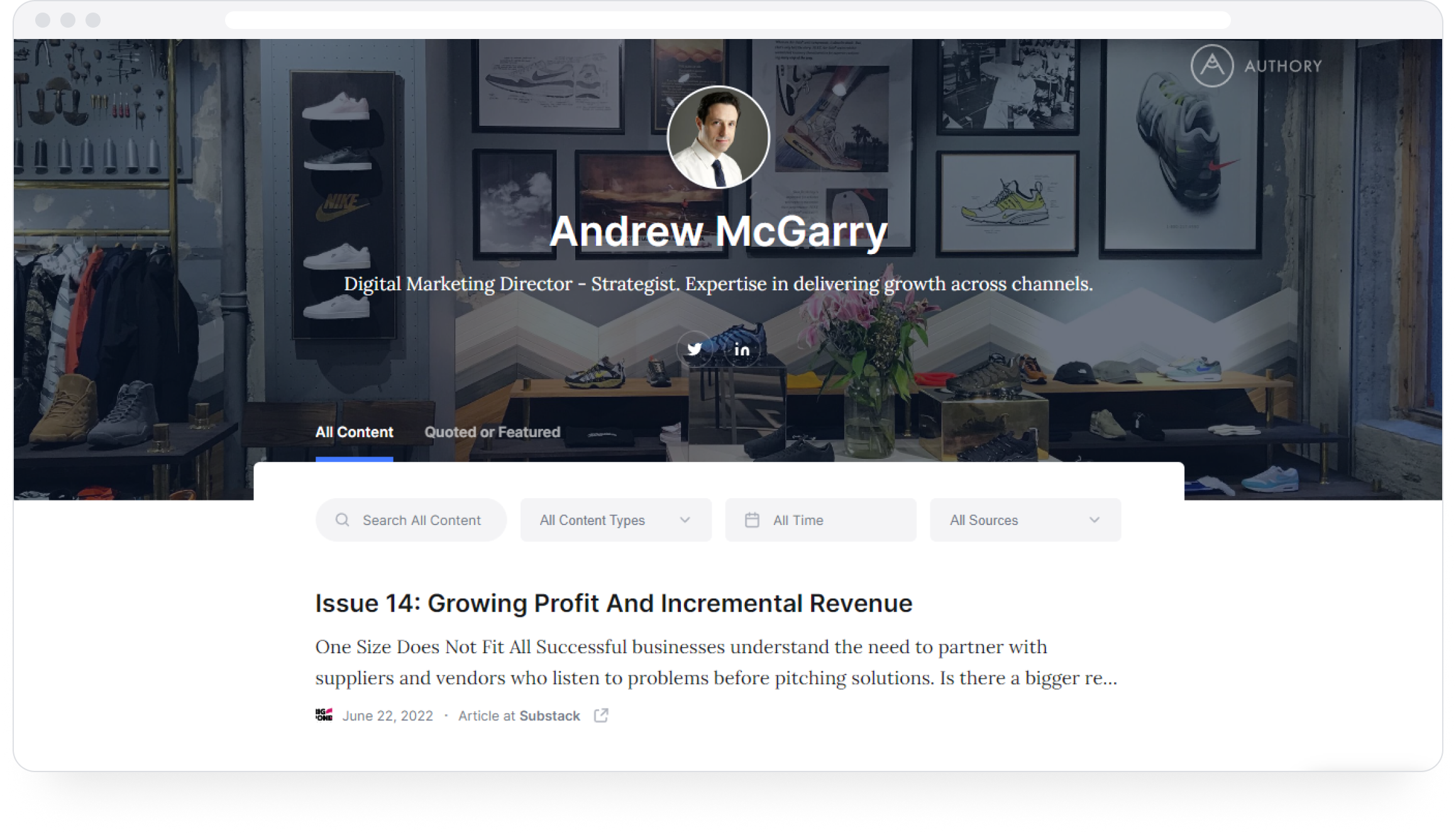 Andrew's marketing portfolio on Authory
