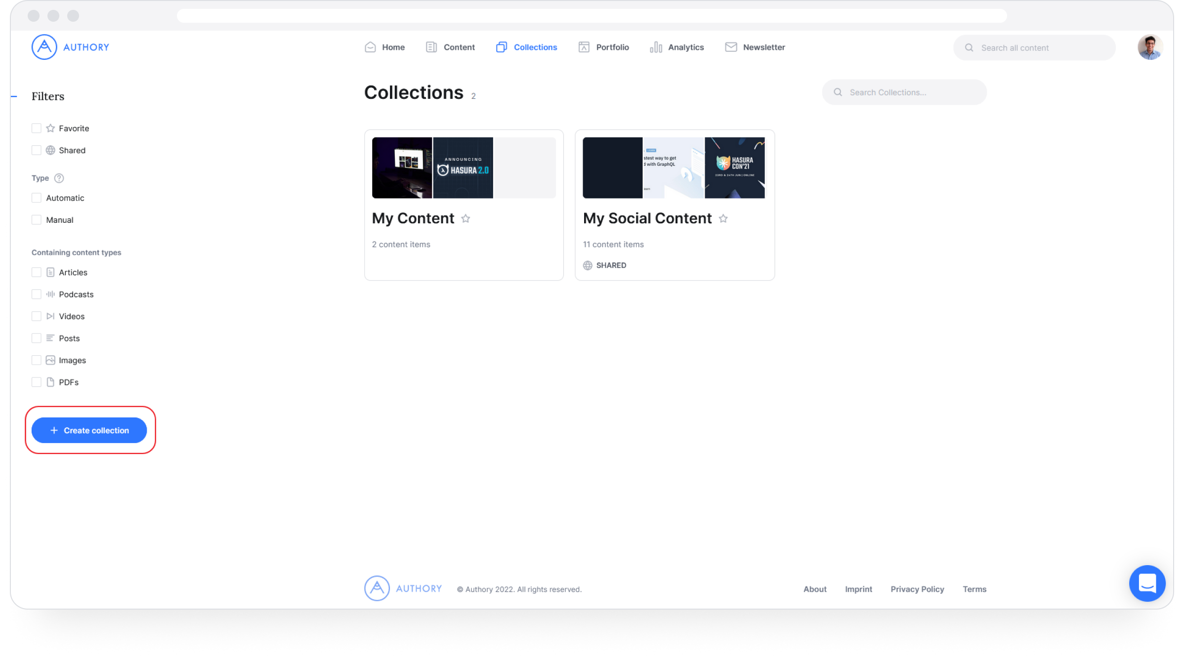 Creating collections on Authory